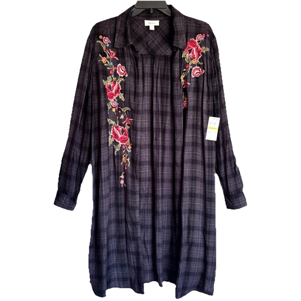 Style & Co Kimono Cardigan Jacket Open Front Roll Tab Sleeves Plaid